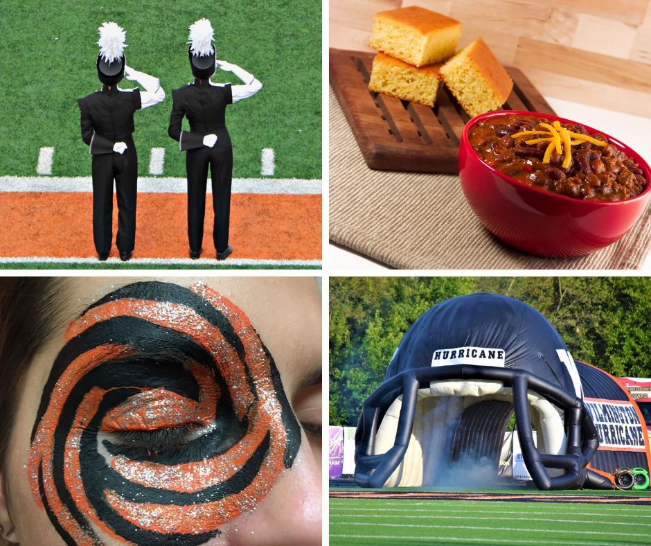 Photo collage - 2 marching band members saluting, chili and cornbread, student with hurricane eye, football helmet tunnel inflatable